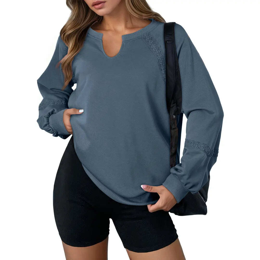 Notch V-Neck Lace Spliced Long Sleeve Sweatshirt