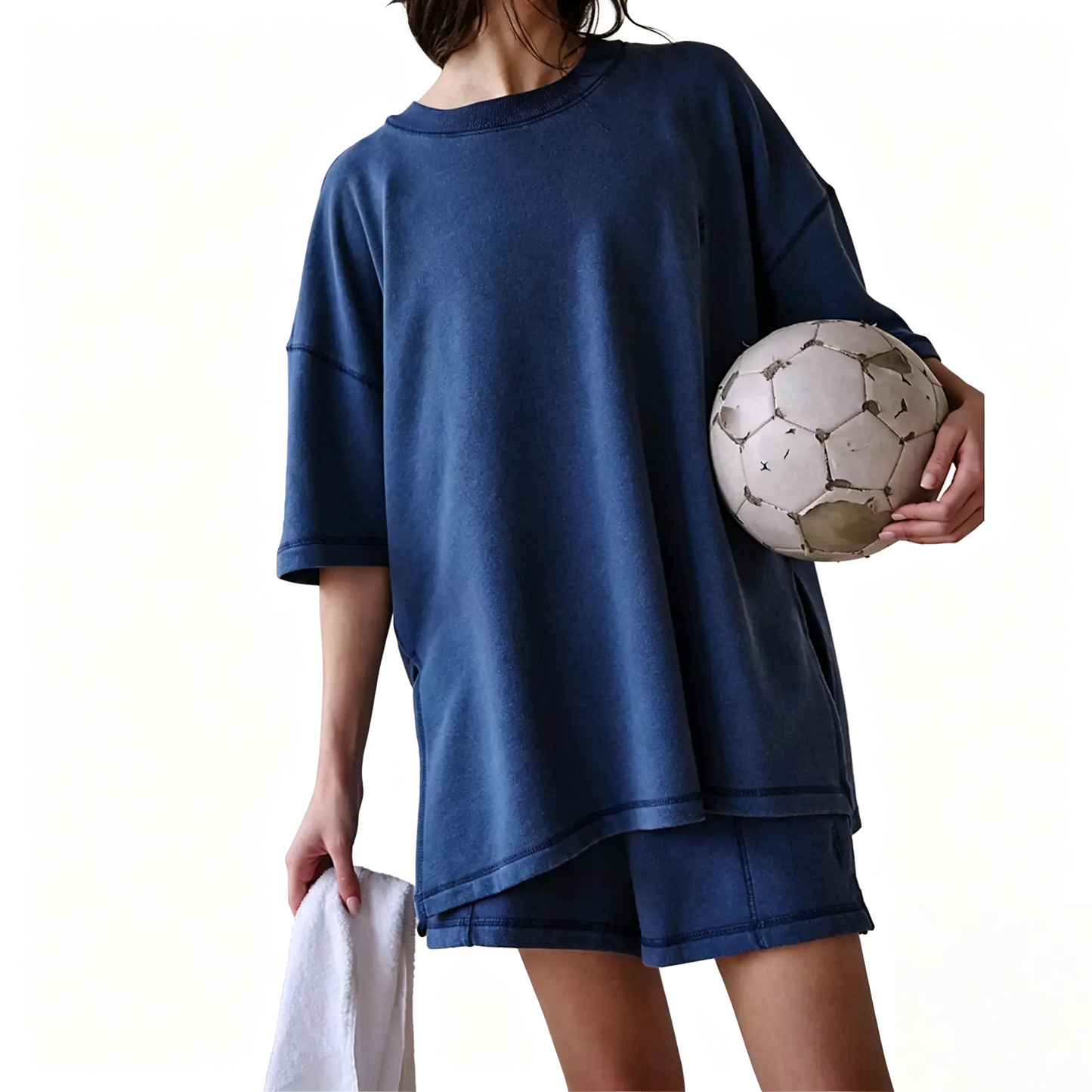 Round Neck Side Split Stitch Loose Top & Matching Shorts Casual Lounge Set