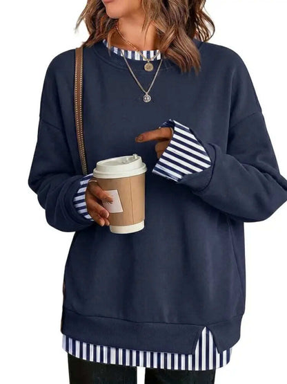 Women Crew Neck Fake Two Piece Striped Patchwork Drop Shoulder Oversized Sweatshirt