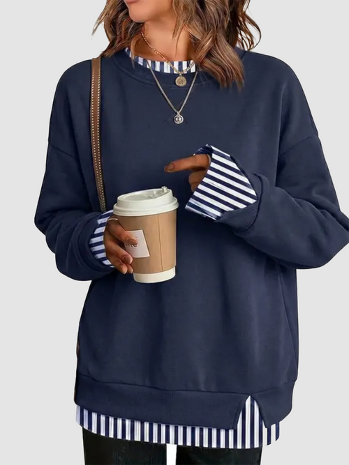 Women Crew Neck Fake Two Piece Striped Patchwork Drop Shoulder Oversized Sweatshirt