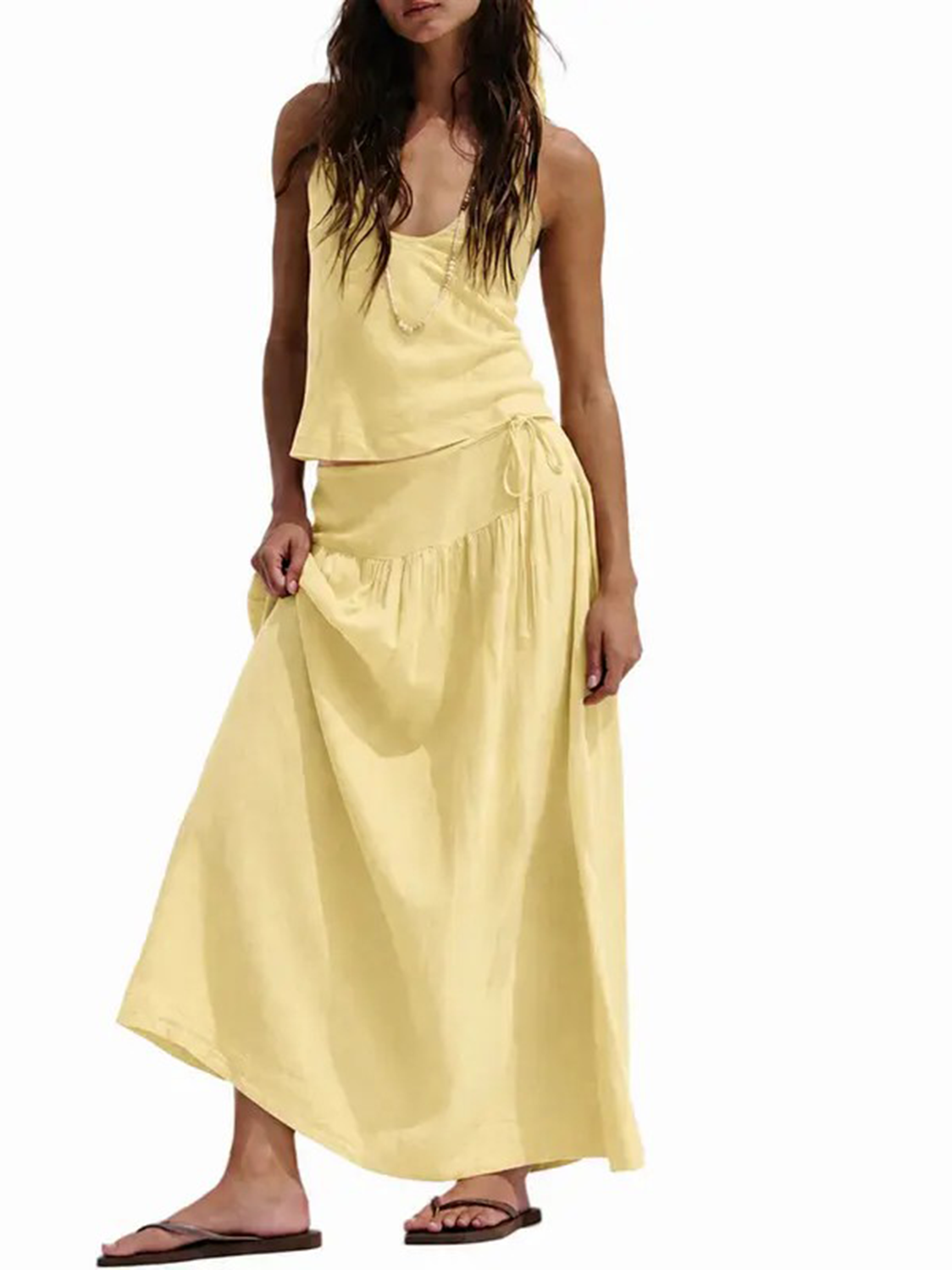 Women Backless Halter 2 Piece Set, Drawstring High Waist Flowy Maxi Skirt Co-ord