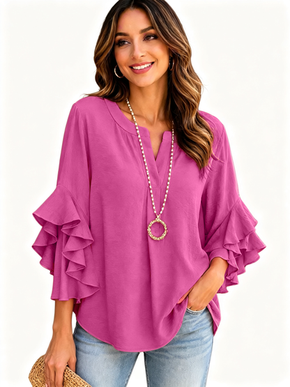 Elegant Ruffle Sleeve V Neck Blouse Solid Versatile Daily Office Shirt