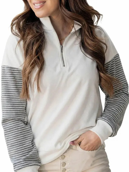Women Color Block Striped Raglan Half Zip Loose Pullover Sweatshirt