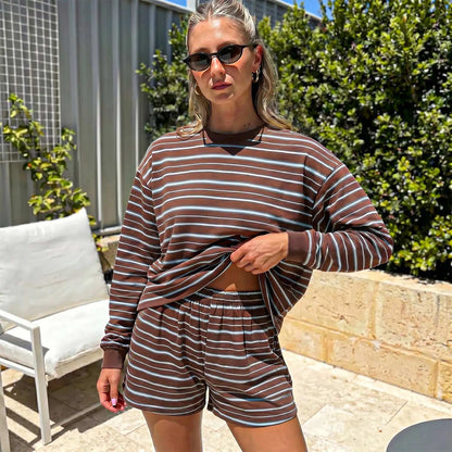 Women Casual Horizontal Stripe Crew Neck Elastic Waist Shorts Or Long Pants Loungewear Set