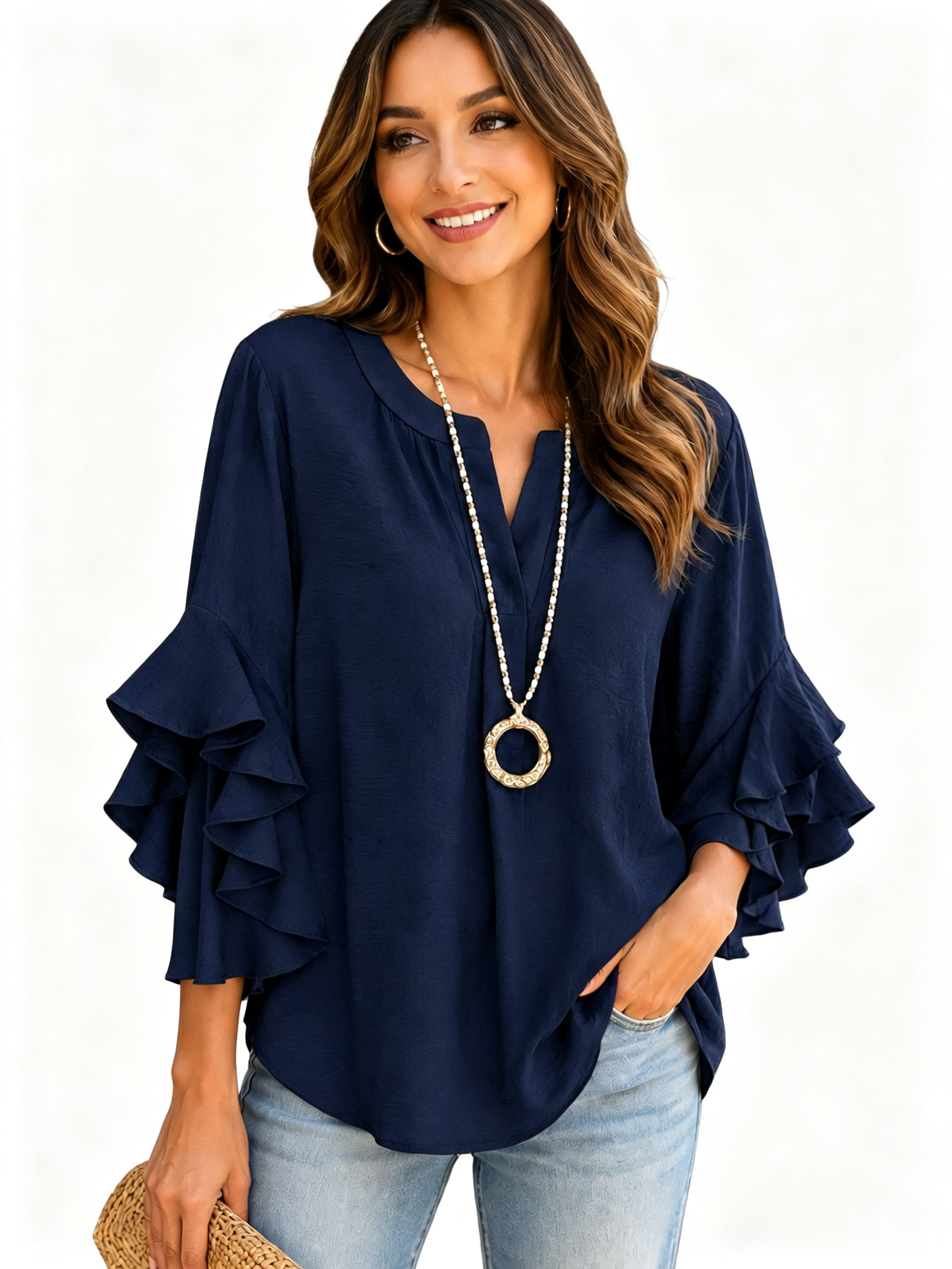 Elegant Ruffle Sleeve V Neck Blouse Solid Versatile Daily Office Shirt