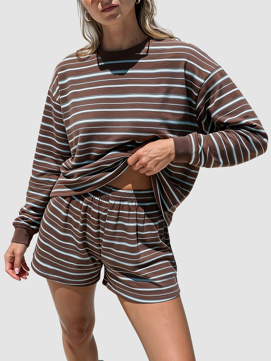 Women Casual Horizontal Stripe Crew Neck Elastic Waist Shorts Or Long Pants Loungewear Set