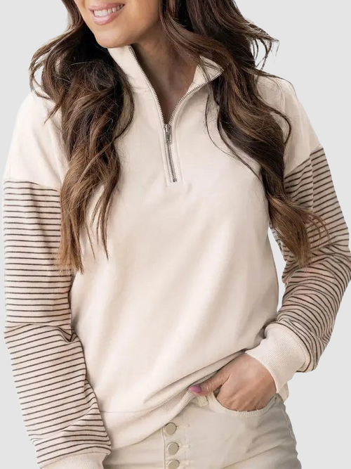 Women Color Block Striped Raglan Half Zip Loose Pullover Sweatshirt