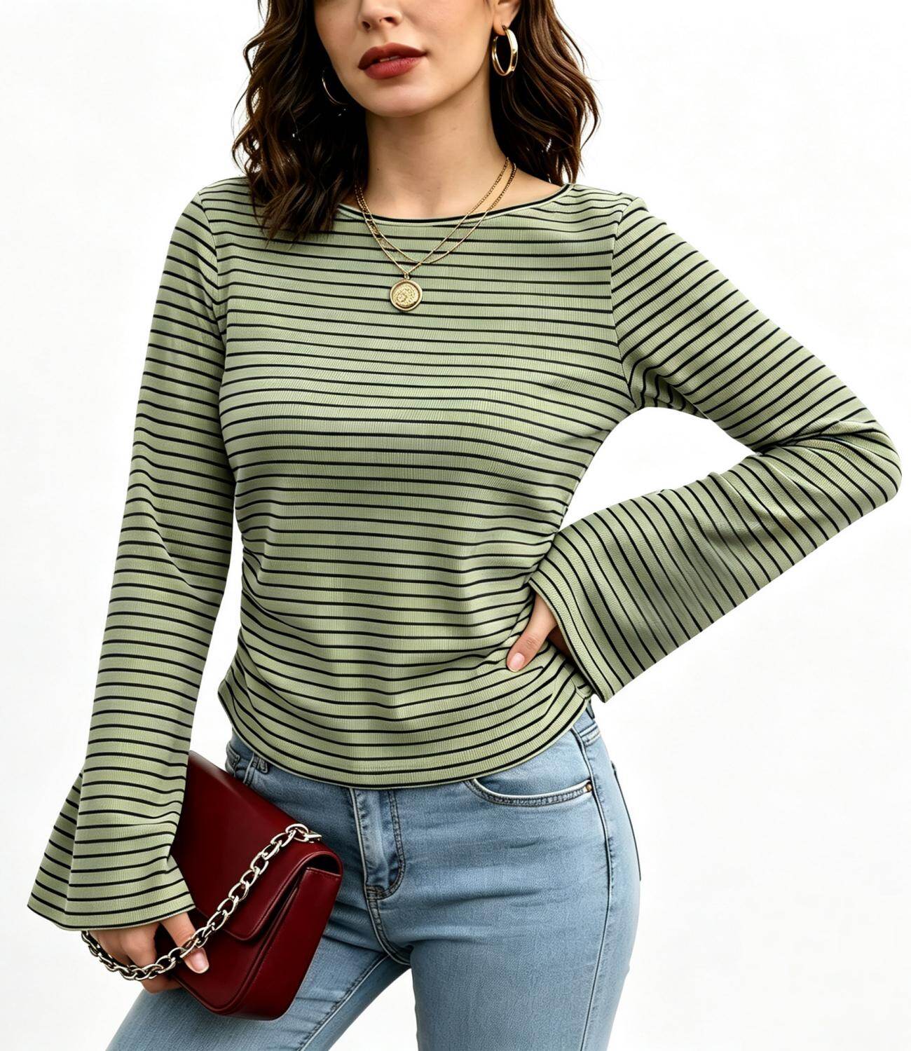 Crew Neck Striped Flare Long Sleeve Ribbed Top