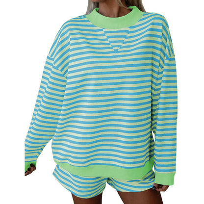 Women Contrast Collar Cuff Striped Long Sleeve Top & Shorts Loungewear Set