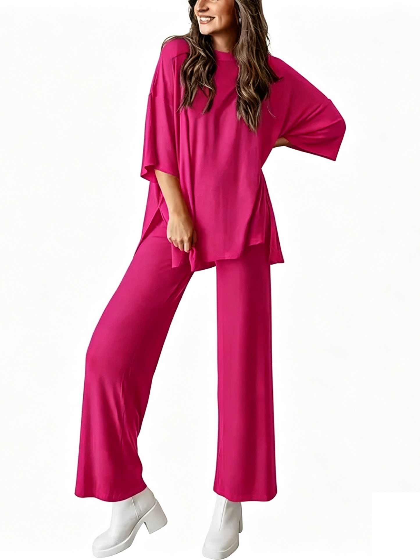 Loose Split Hem Top & Wide Leg Pants 2-Piece Casual Loungewear Set