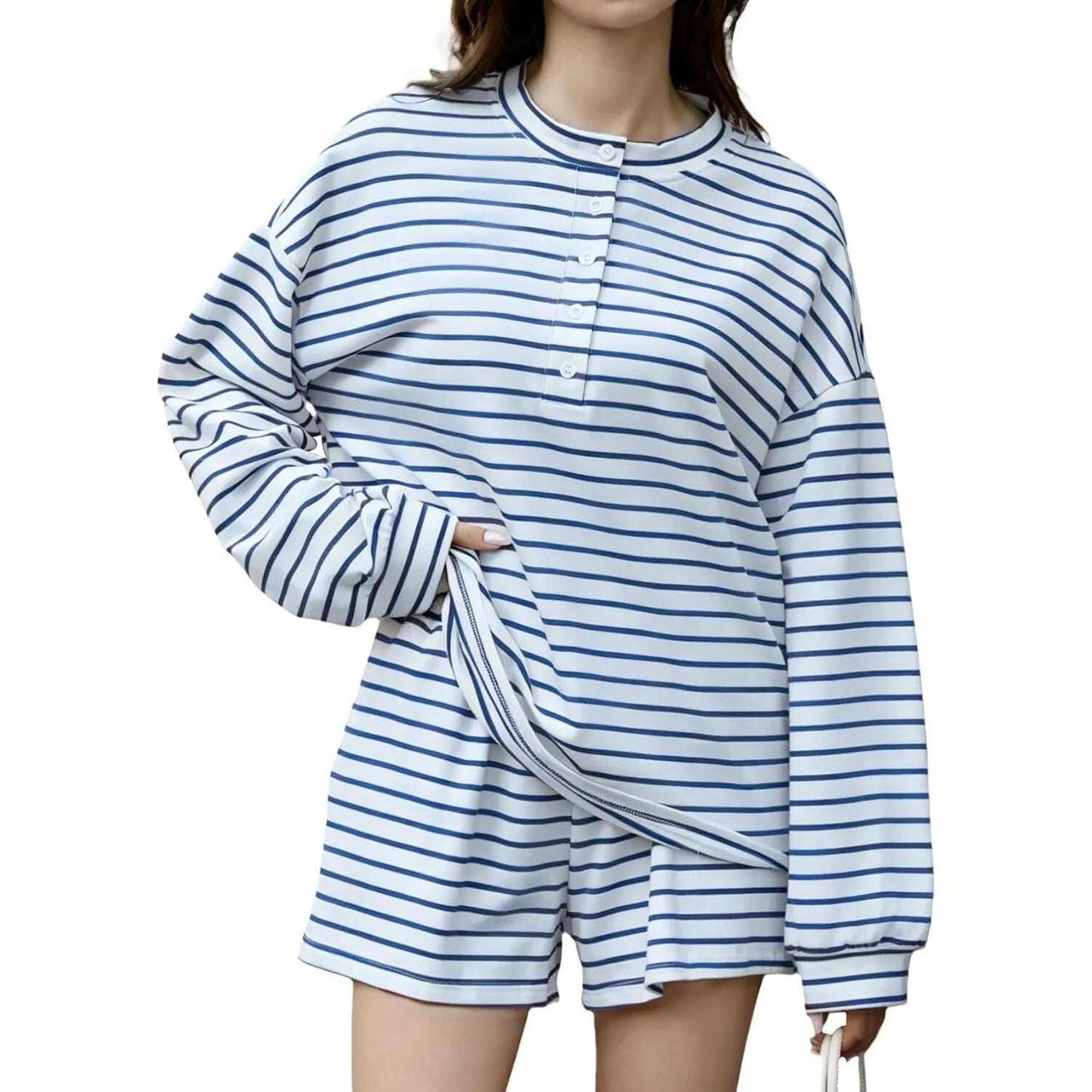 Striped Henley Neck Long Sleeve Top & Shorts Two Piece Set