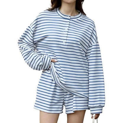 Striped Henley Neck Long Sleeve Top & Shorts Two Piece Set