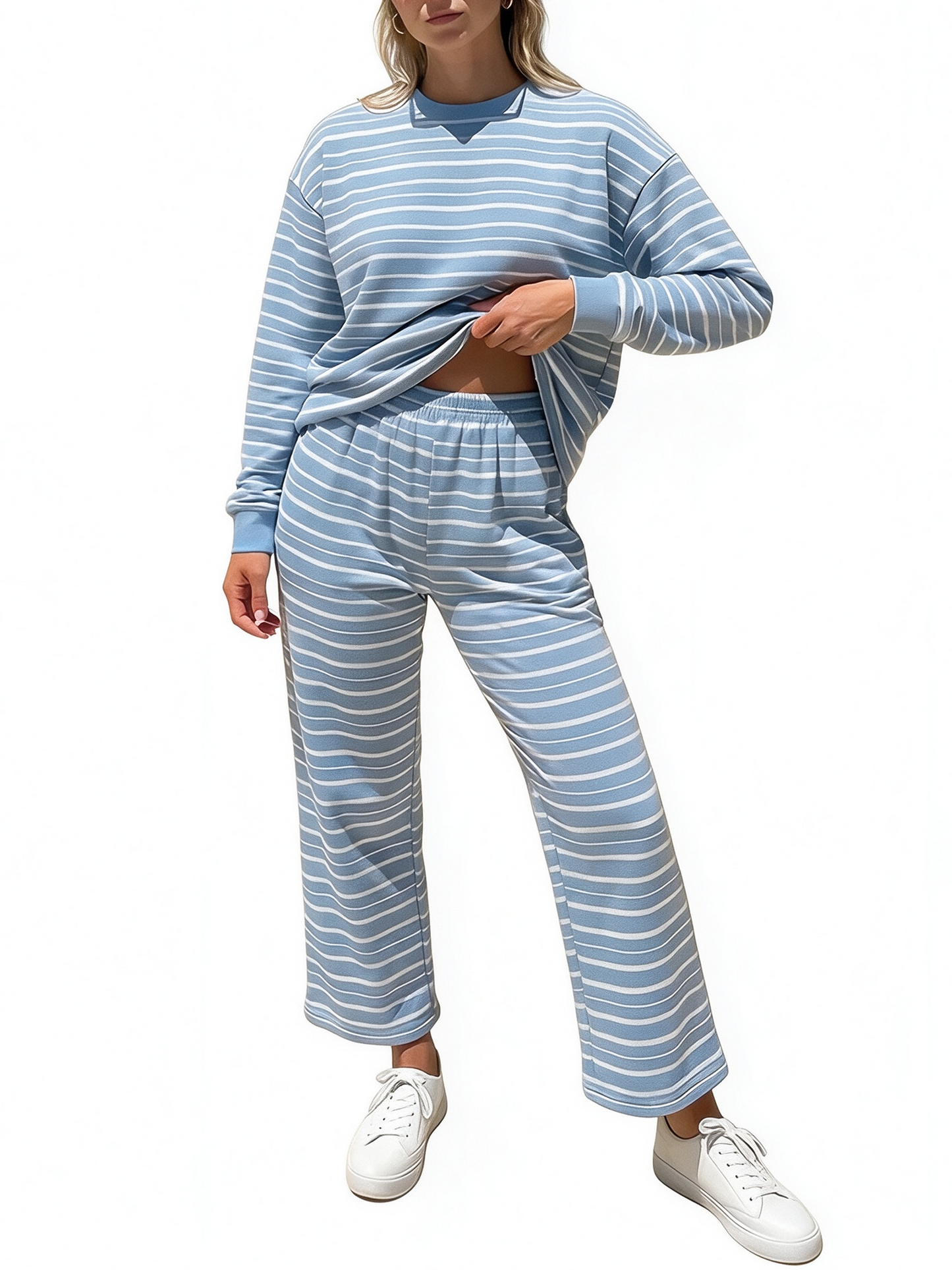 Women Casual Horizontal Stripe Crew Neck Elastic Waist Shorts Or Long Pants Loungewear Set