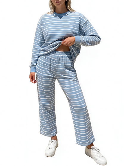Women Casual Horizontal Stripe Crew Neck Elastic Waist Shorts Or Long Pants Loungewear Set