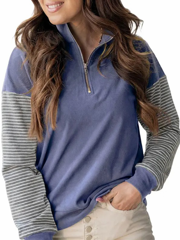 Women Color Block Striped Raglan Half Zip Loose Pullover Sweatshirt