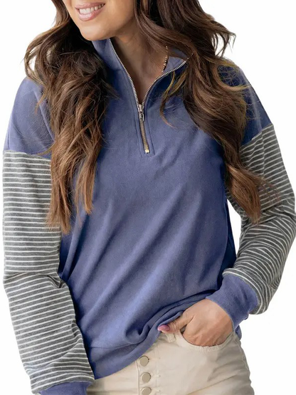 Women Color Block Striped Raglan Half Zip Loose Pullover Sweatshirt
