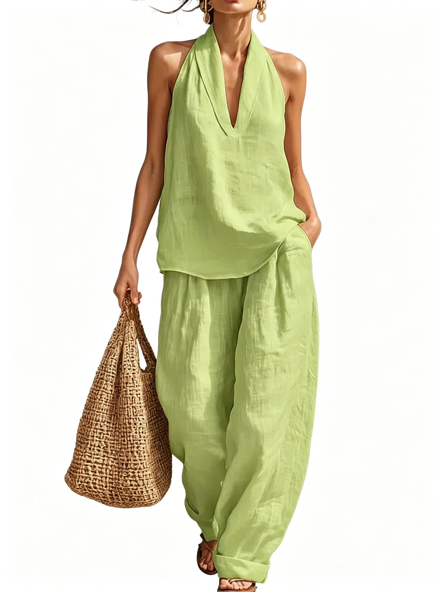 Halter Deep V Neck Two-Piece Wide Leg Pants Set