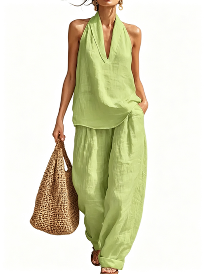 Halter Deep V Neck Two-Piece Wide Leg Pants Set