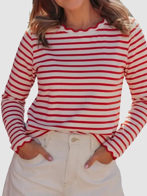 Scalloped Trim Crew Neck Striped Long Sleeve Top