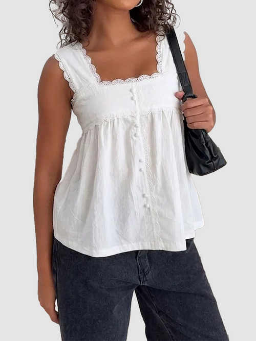 Square Neck Lace Trim Sleeveless Babydoll Tank Top