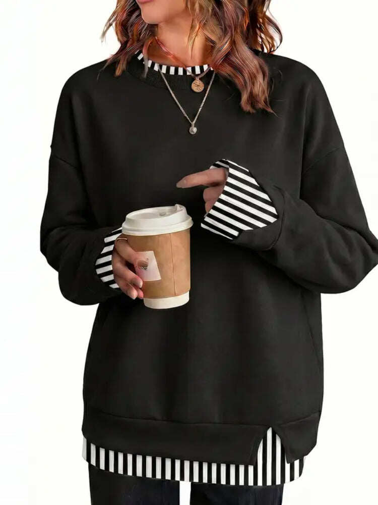 Women Crew Neck Fake Two Piece Striped Patchwork Drop Shoulder Oversized Sweatshirt