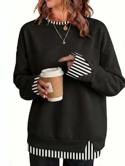 Women Crew Neck Fake Two Piece Striped Patchwork Drop Shoulder Oversized Sweatshirt