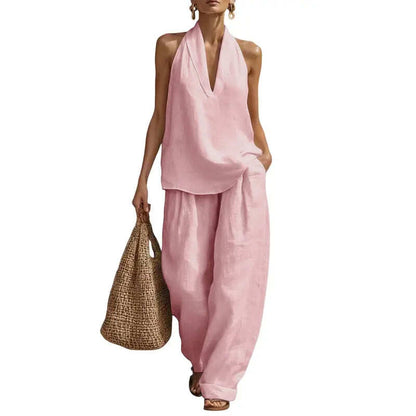Halter Deep V Neck Two-Piece Wide Leg Pants Set