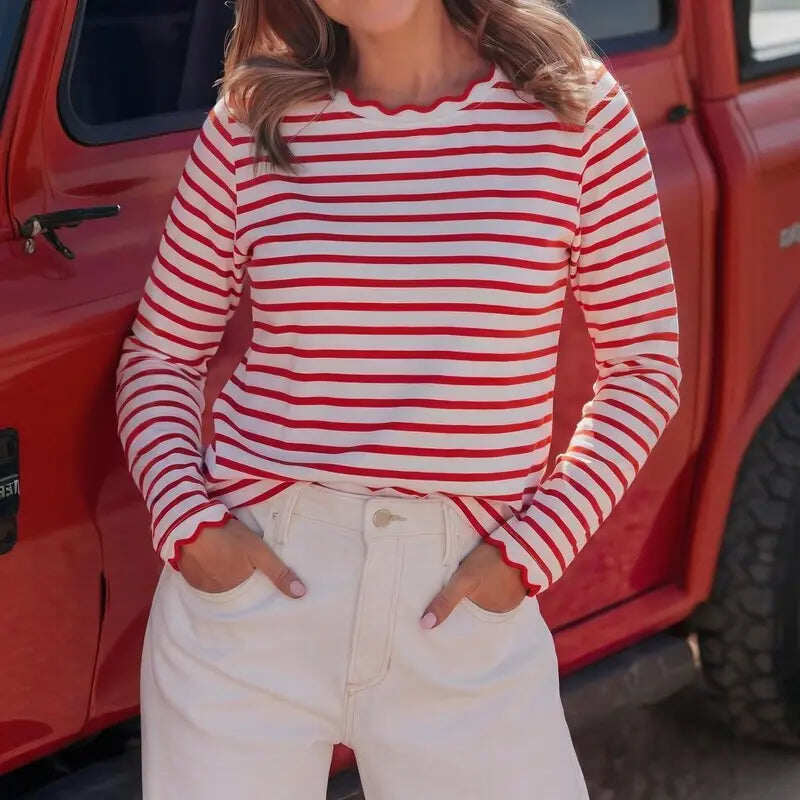 Scalloped Trim Crew Neck Striped Long Sleeve Top