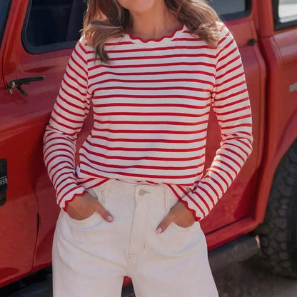 Scalloped Trim Crew Neck Striped Long Sleeve Top