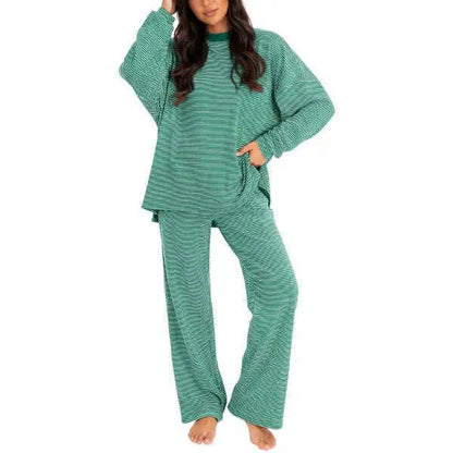 Striped Crew Neck Split Hem Top & Pants Two Piece Set