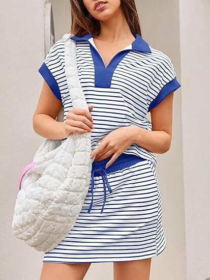 Women Color Block Collar V Neck Striped Short Sleeve Top & Drawstring High Waist Mini Skirt Summer Two Piece Set