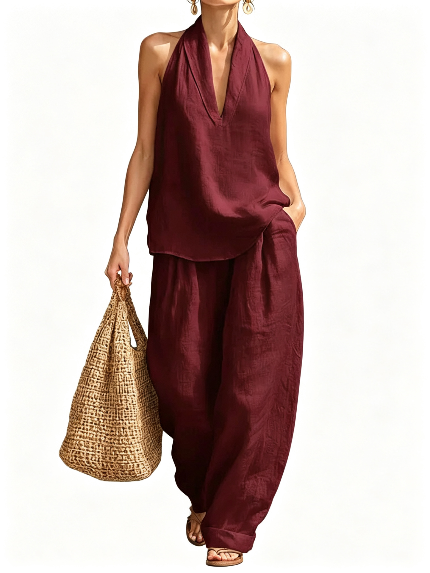Halter Deep V Neck Two-Piece Wide Leg Pants Set
