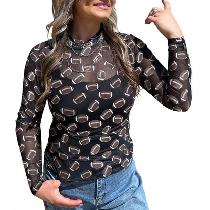 Fashion Football Print Mesh Mock Neck Layering Top