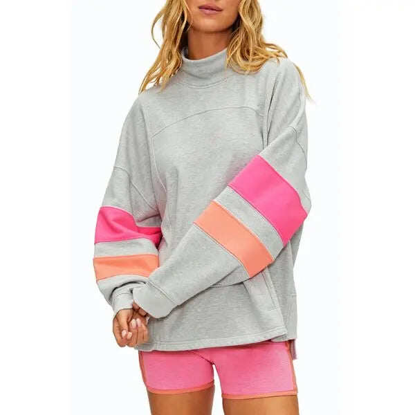 High Mock Neck Color Block Striped Long Sleeve Sweatshirt