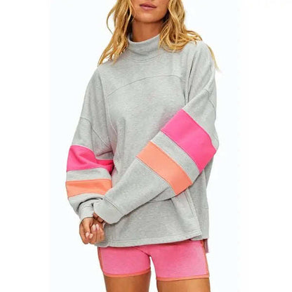 High Mock Neck Color Block Striped Long Sleeve Sweatshirt