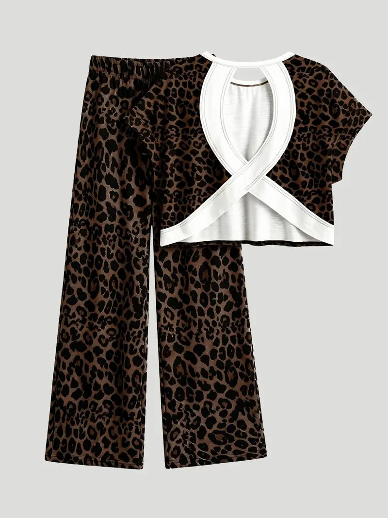 Cropped Cross Back Leopard Top + Wide Leg Pants Set