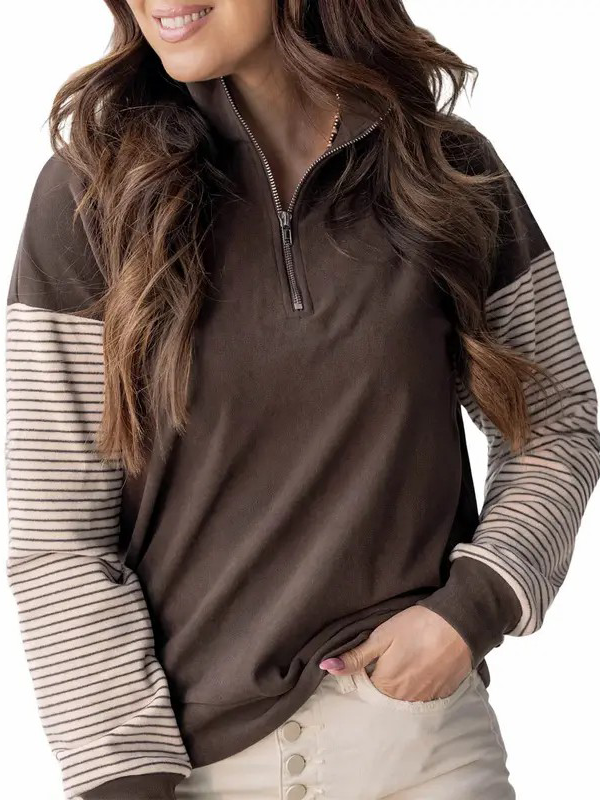 Women Color Block Striped Raglan Half Zip Loose Pullover Sweatshirt