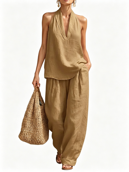 Halter Deep V Neck Two-Piece Wide Leg Pants Set