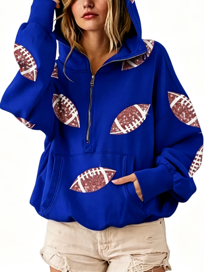 Sequin Football Print Half Zip Oversized Hoodie Game Day Casual Sweatshirt