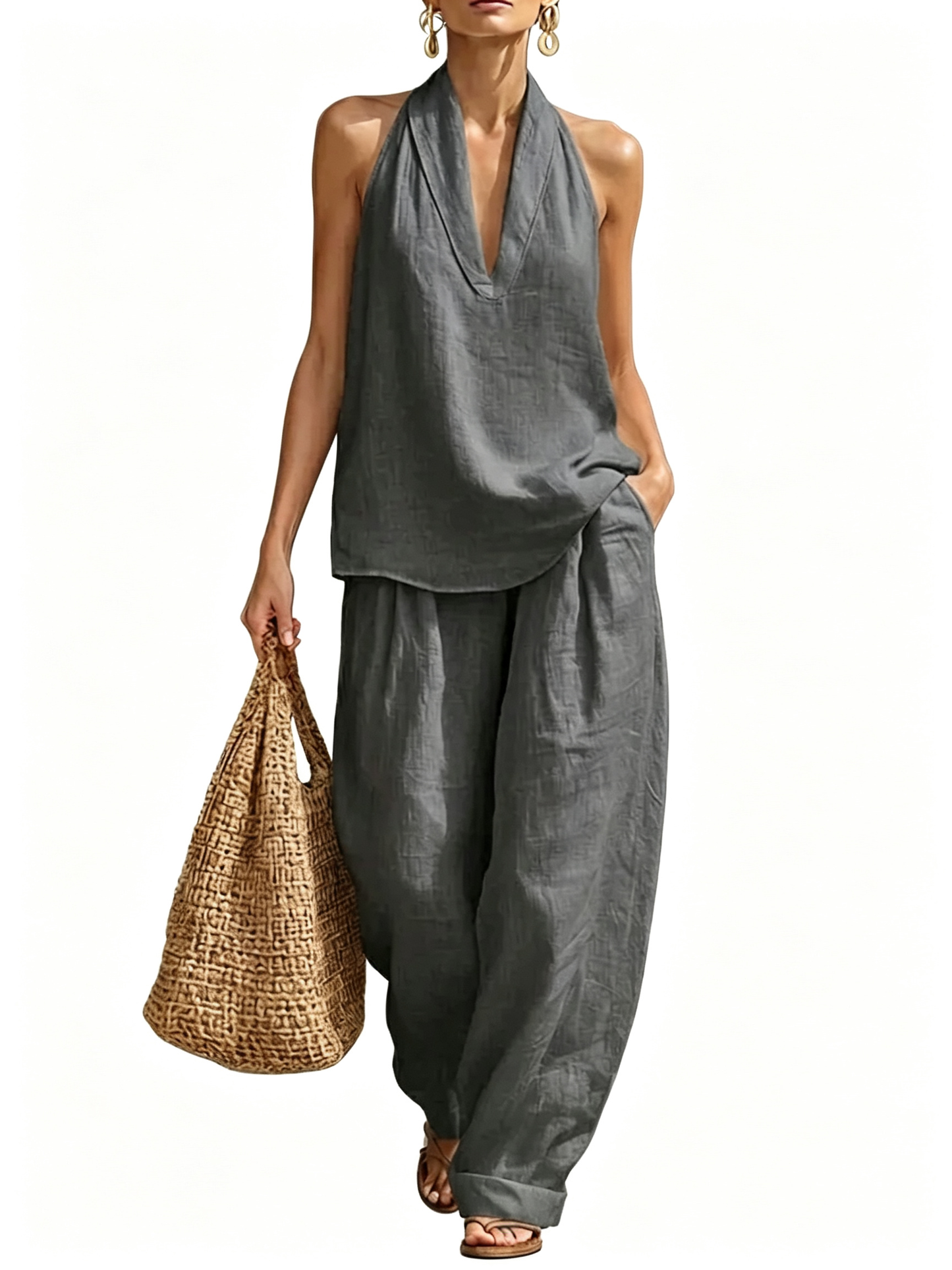 Halter Deep V Neck Two-Piece Wide Leg Pants Set