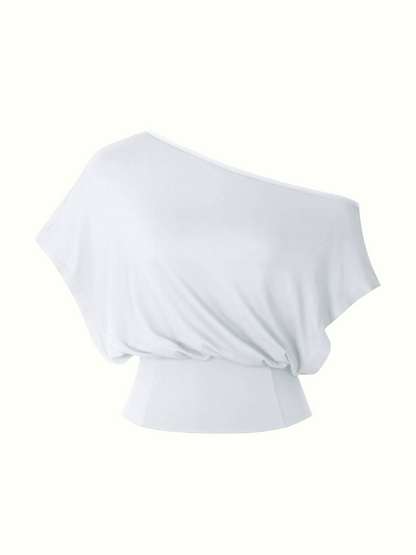 Limited Time Sale Women One Shoulder Split Slim Crop Short Sleeve Fashion Top