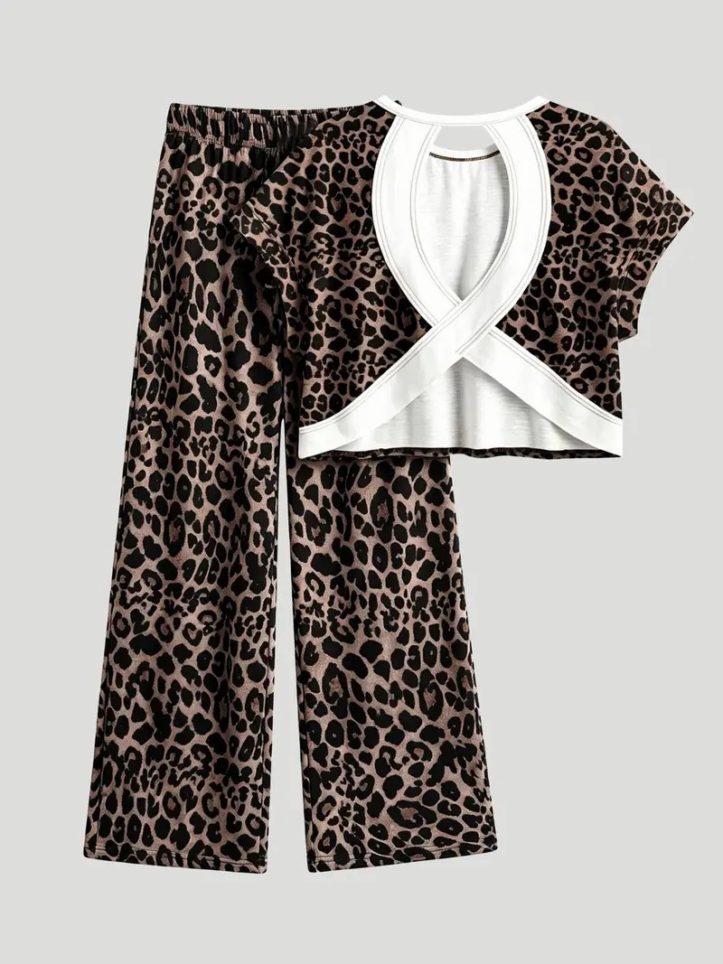 Cropped Cross Back Leopard Top + Wide Leg Pants Set