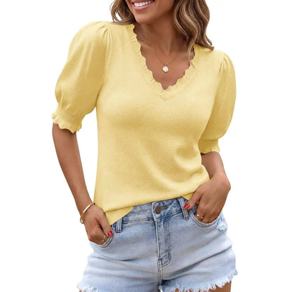 Scalloped V Neck Puff Elbow Sleeve Knit Top