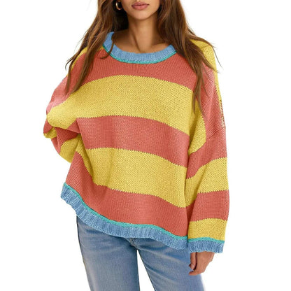 Oversized Round Neck Color Block Stripe Knit Sweater