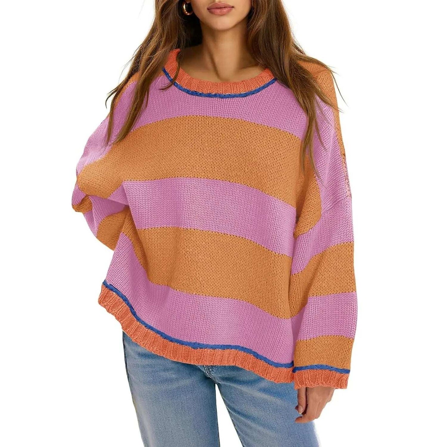 Oversized Round Neck Color Block Stripe Knit Sweater