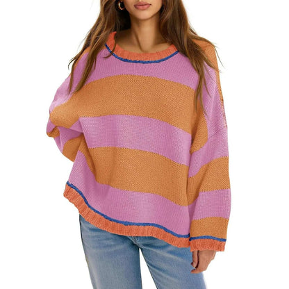 Oversized Round Neck Color Block Stripe Knit Sweater