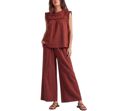 Linen Blend Sleeveless Ruffle Top & Wide Leg Pants Two Piece Outfit Set