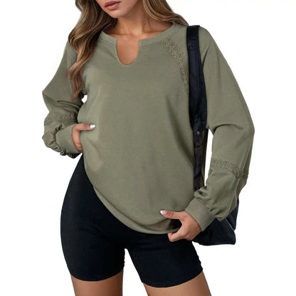 Notch V-Neck Lace Spliced Long Sleeve Sweatshirt