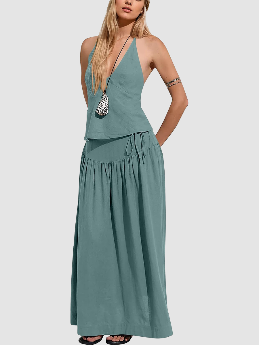 Women Backless Halter 2 Piece Set, Drawstring High Waist Flowy Maxi Skirt Co-ord