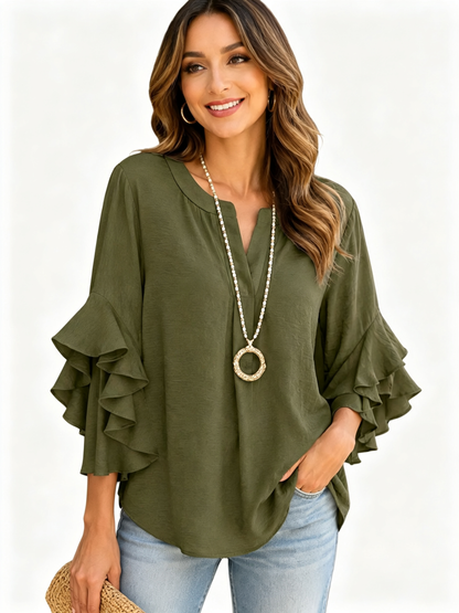 Elegant Ruffle Sleeve V Neck Blouse Solid Versatile Daily Office Shirt